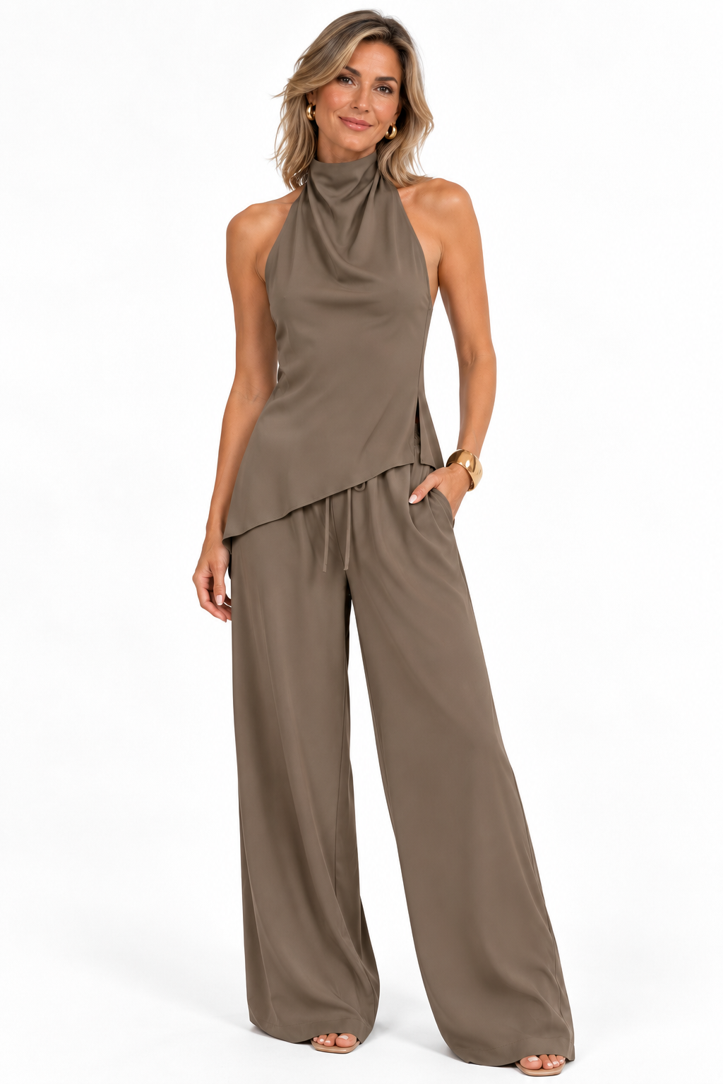 Chloe | Elegant High-Neck Draped Top Set