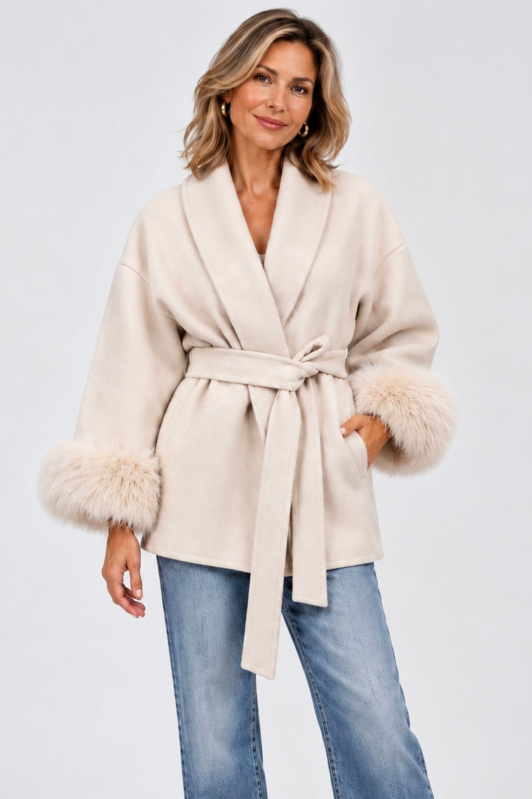 Celine | Faux Fur Cuff Belted Jacket