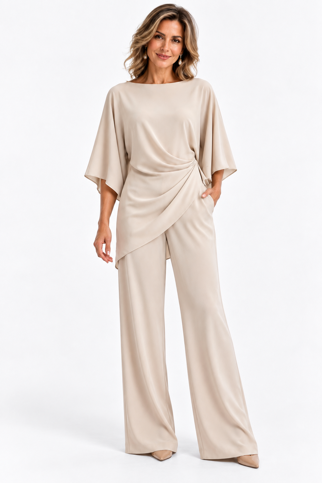 Olivia | Draped Batwing Top & Wide-Leg Pant Set